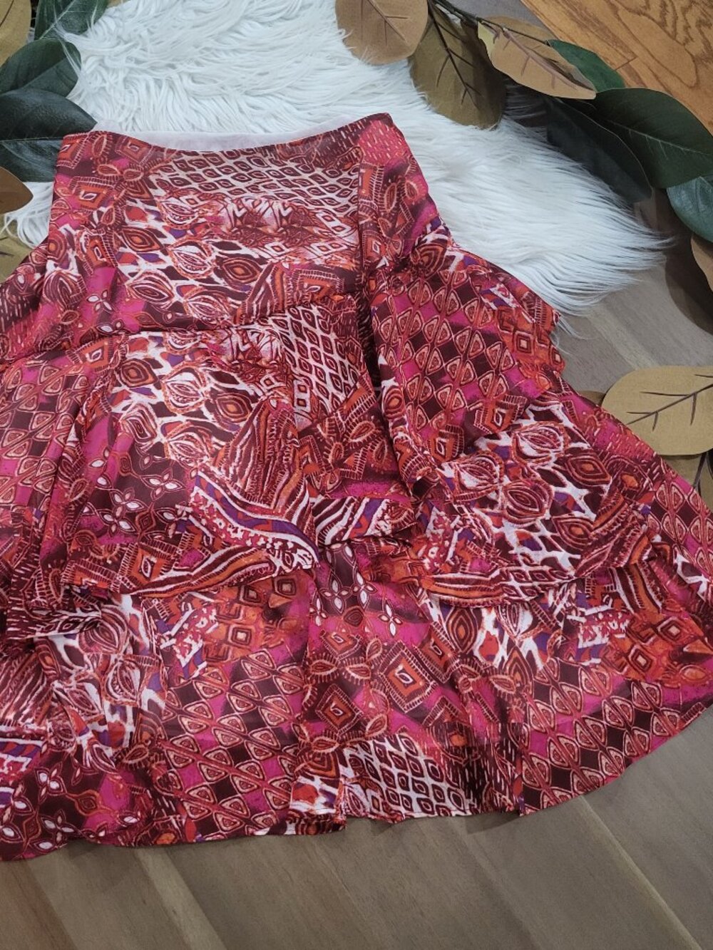 Boho Festival Red Pink Abstract Print Tiered Sheer Lined Skirt Size Medium